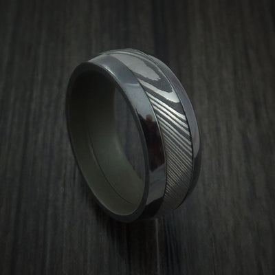 Black Zirconium and Damascus Steel Band with Vintage Green Cerakote Sleeve Custom Made Ring