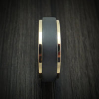 Black Titanium Men's Ring with 14K Gold Edges and Wood Sleeve Custom Made