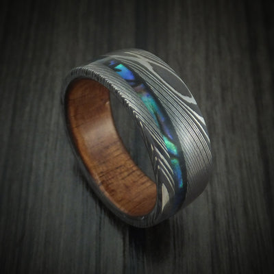 Damascus Steel Men's Ring with Abalone and Wood Sleeve Custom Made