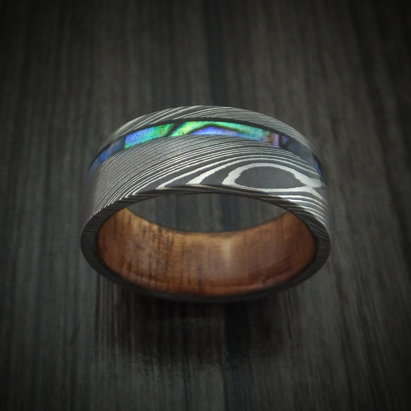 Damascus Steel Men's Ring with Abalone and Wood Sleeve Custom Made