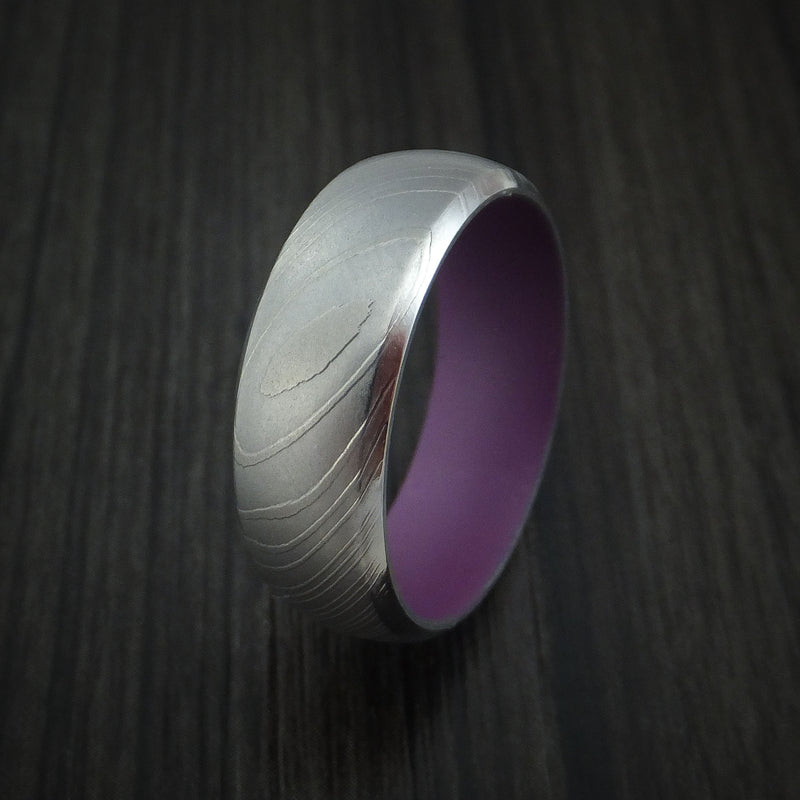 Damascus Steel and Wild Purple Cerakote Ring Custom Made Band