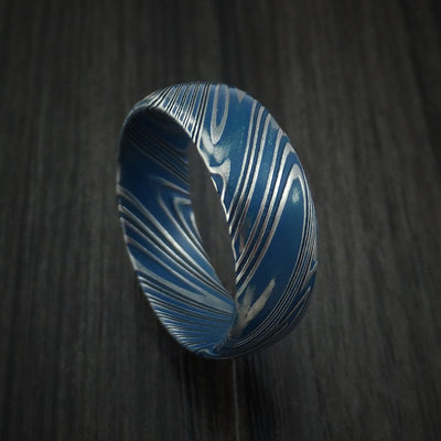 Kuro Damascus Steel and Sky Blue Cerakote Ring Custom Made Band