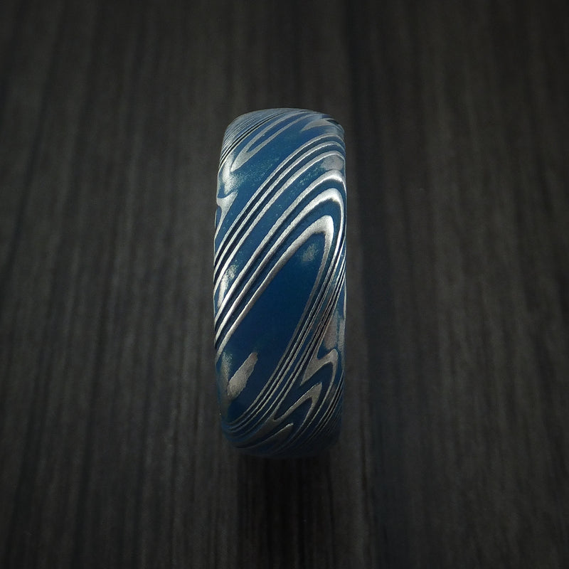 Kuro Damascus Steel and Sky Blue Cerakote Ring Custom Made Band