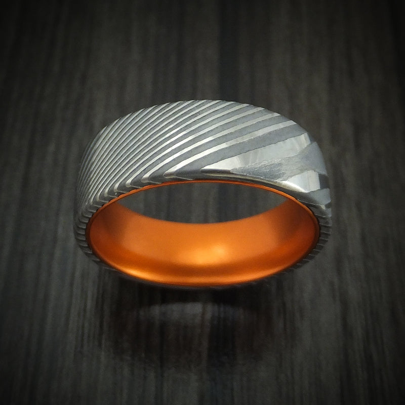 Damascus Steel Men's Ring With Anodized Sleeve Custom Made