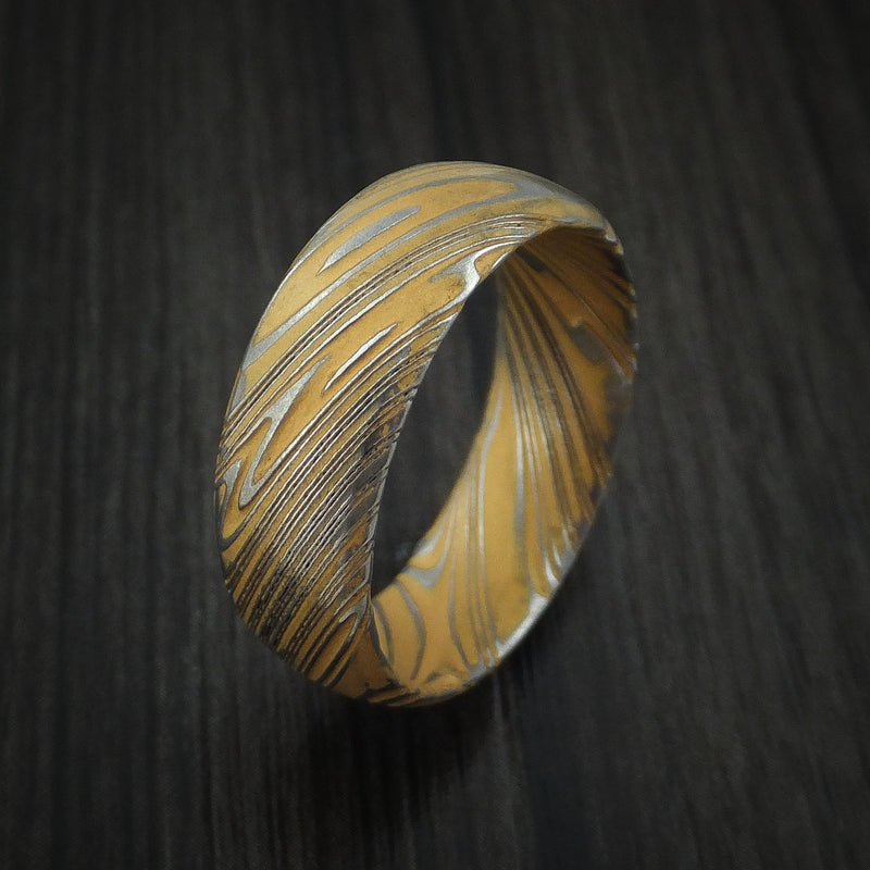 Kuro Damascus Steel and Gold Cerakote Ring Custom Made Band