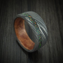 Damascus Steel Men's Ring with Opal Inlay and Wood Sleeve Custom Band