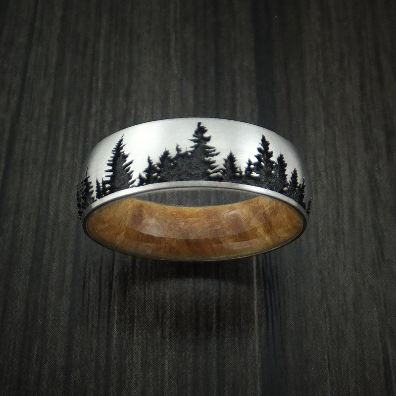 Titanium Ring with Tree Design and Hardwood Sleeve Custom Made Band