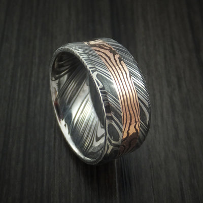 Kuro Damascus Steel and 14K Rose Gold Mokume Shakudo Gane Inlay Custom Made Band