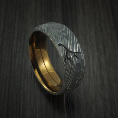 Damascus Steel Hammered Band with Anodized Titanium Sleeve and Custom Antler Engraving Hunter's Band