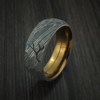 Damascus Steel Hammered Band with Anodized Titanium Sleeve and Custom Antler Engraving Hunter's Band