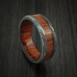 Damascus Steel Ring with Cocobolo Wood Inlay and Sleeve Custom Made Thick Band