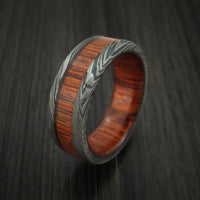 Damascus Steel Ring with Cocobolo Wood Inlay and Sleeve Custom Made Thick Band