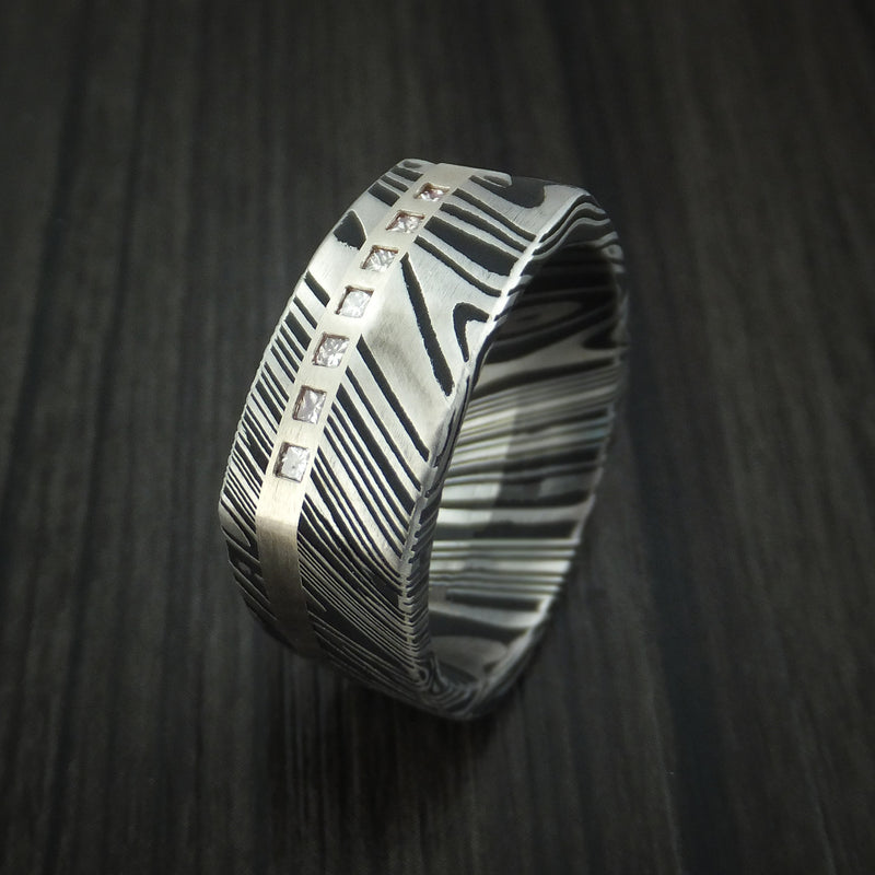 Kuro Damascus Steel Square Ring with 14K White Gold and Diamonds Custom Made Band