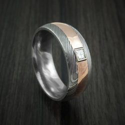 Damascus Steel and Rose Gold Band with Diamond Custom Made Ring