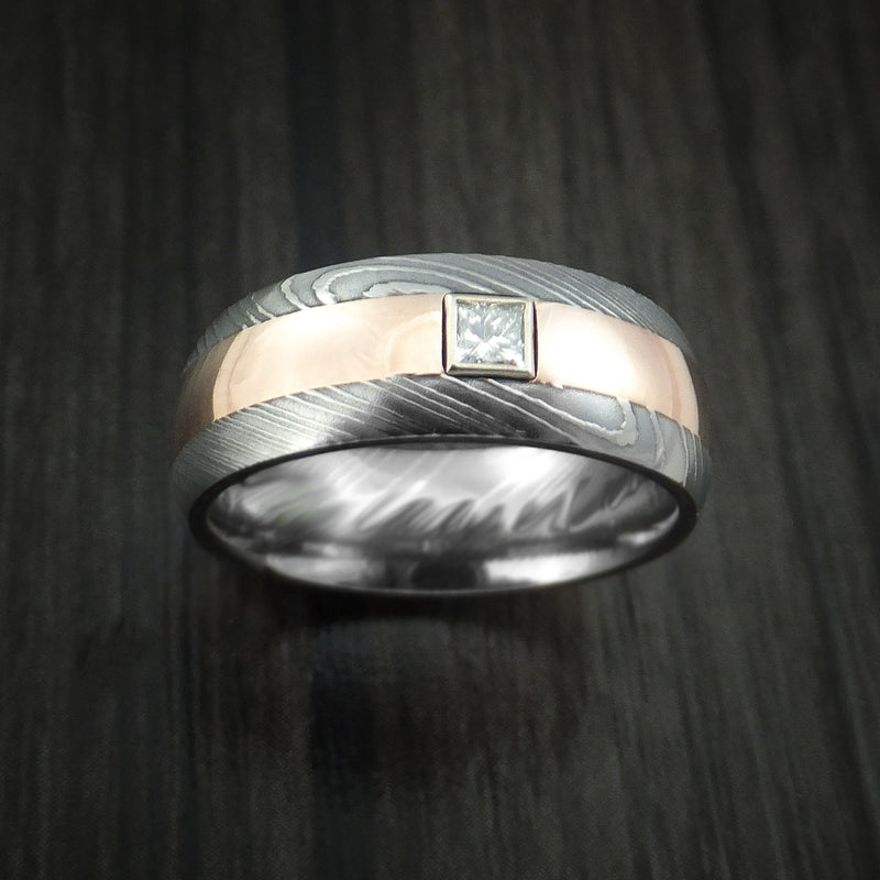 Damascus Steel and Rose Gold Band with Diamond Custom Made Ring