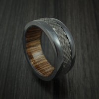 Black Titanium and Damascus Steel Ring with Tree Bark Carved Finish and Walnut Hardwood Sleeve Custom Made Band