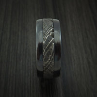 Black Zirconium and Damascus Steel Ring with Tree Bark Carved Finish and Walnut Hardwood Sleeve Custom Made Band