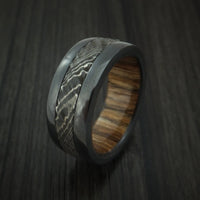 Black Titanium and Damascus Steel Ring with Tree Bark Carved Finish and Walnut Hardwood Sleeve Custom Made Band