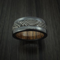 Black Zirconium and Damascus Steel Ring with Tree Bark Carved Finish and Walnut Hardwood Sleeve Custom Made Band