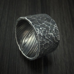 Ultra-Wide Kuro Damascus Steel Ring with Rock Hammered Finish Custom Made Band