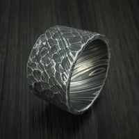 Ultra-Wide Kuro Damascus Steel Ring with Rock Hammered Finish Custom Made Band