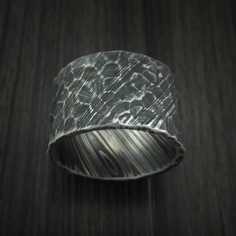 Ultra-Wide Kuro Damascus Steel Ring with Rock Hammered Finish Custom Made Band