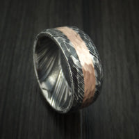 Kuro Damascus Steel Ring and 14k Rose Gold Wedding Band Hammered Genuine Craftsmanship Custom Made