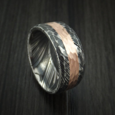 Kuro Damascus Steel Ring and 14k Rose Gold Wedding Band Hammered Genuine Craftsmanship Custom Made