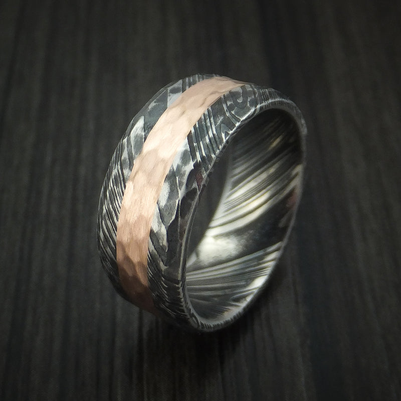 Kuro Damascus Steel Ring and 14k Rose Gold Wedding Band Hammered Genuine Craftsmanship Custom Made