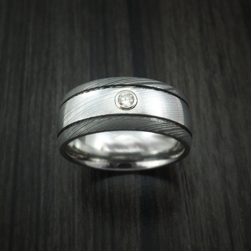 Damascus Steel Two-toned Band with Diamond Custom Made Ring