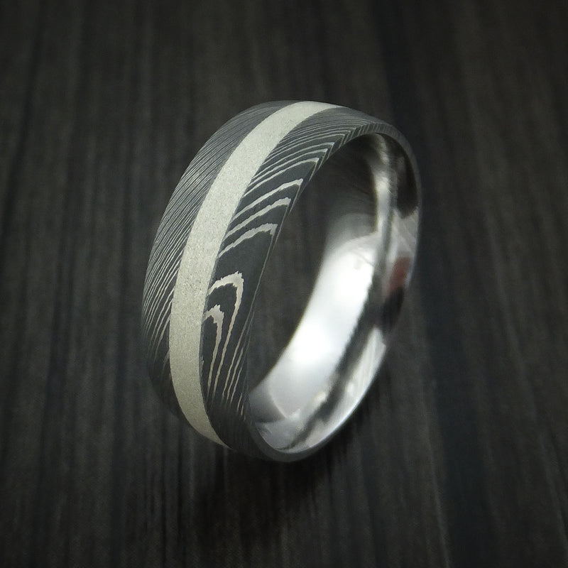 Damascus Steel and Silver Inlay Ring Custom Made Band
