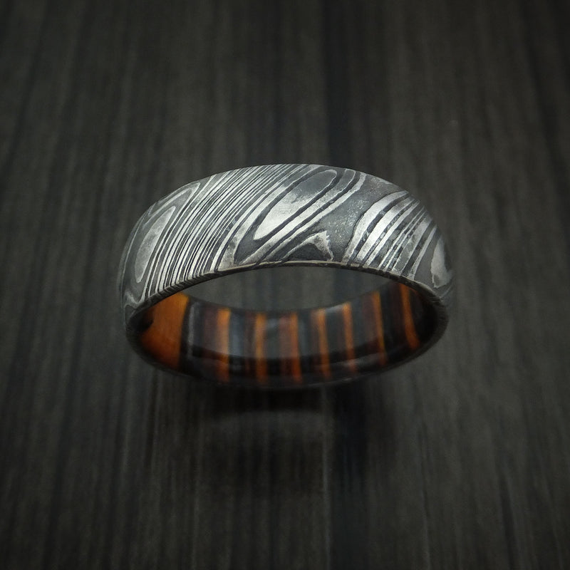 Kuro Damascus Steel Ring with Ember Wood Interior Sleeve Custom Made