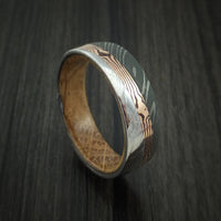 Damascus Steel Ring with Diagonal Rose Gold Mokume Shakudo Inlay and Jack Daniels Wood Sleeve Custom Made