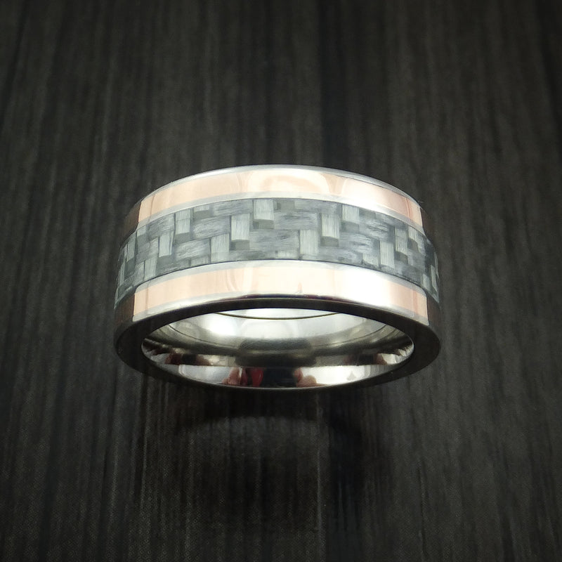 Titanium and Carbon Fiber Ring with 14k Rose Gold Inlays Custom Made