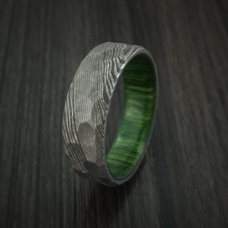 Damascus Steel Rock Hammer Ring with Jade Wood Sleeve Custom Made