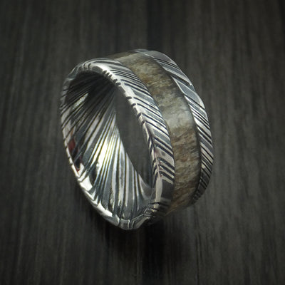 Kuro Damascus Steel and Antler Ring Custom Made Band