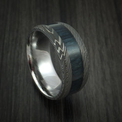 Damascus Steel Ring inlaid with BLUEBERRY WOOD Custom Made to Any Size and Optional Wood Types