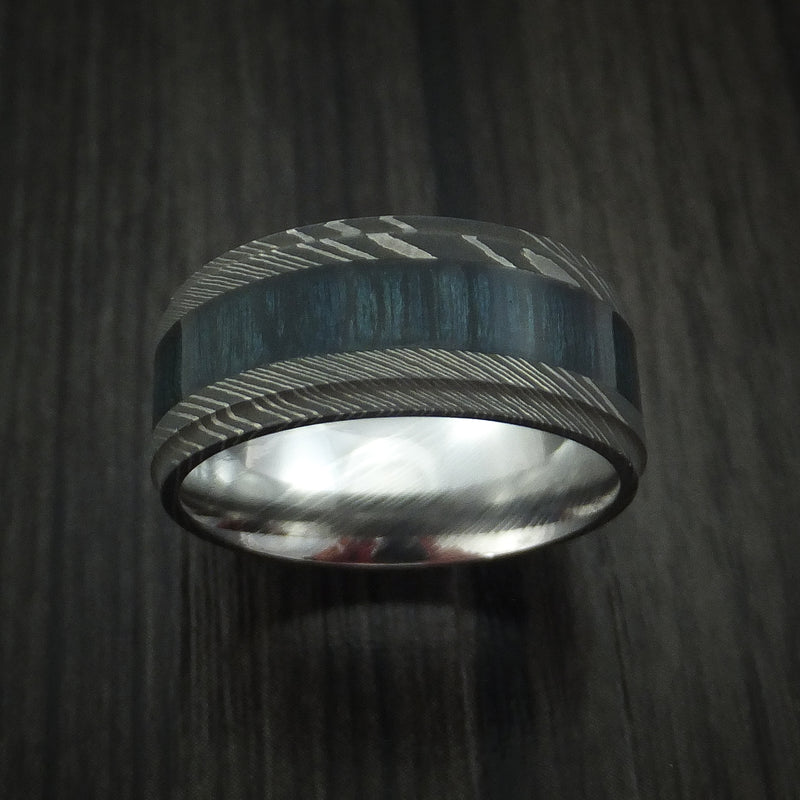 Damascus Steel Ring inlaid with BLUEBERRY WOOD Custom Made to Any Size and Optional Wood Types