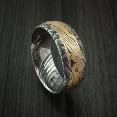 Kuro Damascus Steel and Yellow Gold Mokume Shakudo Gane Inlay Custom Made Band