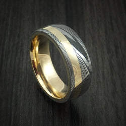 Damascus Steel 14K Yellow Gold Ring with Gold Sleeve Wedding Band Custom Made