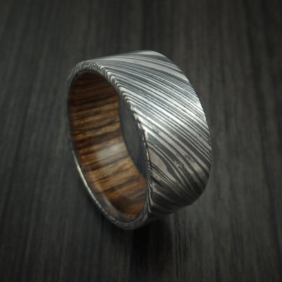 Kuro Damascus Steel Ring with Walnut Wood Hardwood Sleeve Custom Made Wood Band