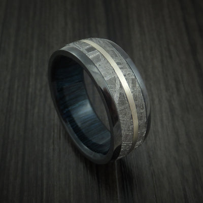 Gibeon Meteorite in Black Zirconium Band with 14K White Gold and Wood Sleeve Custom Ring