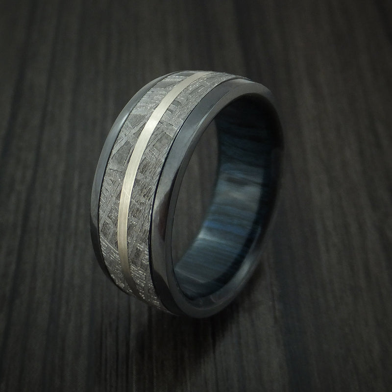 Gibeon Meteorite in Black Titanium Band with 14K White Gold and Wood Sleeve Custom Ring