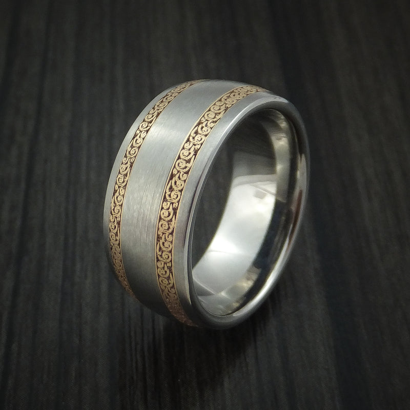 Titanium and 14K Yellow Gold Carved Band Custom Made Ring