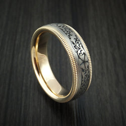 Titanium and 14K Yellow Gold Carved Band Custom Made Ring