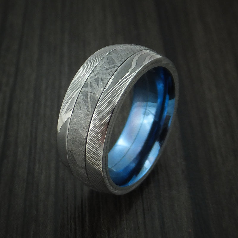 Damascus Steel and Meteorite Ring with Anodized Titanium Sleeve Custom Made