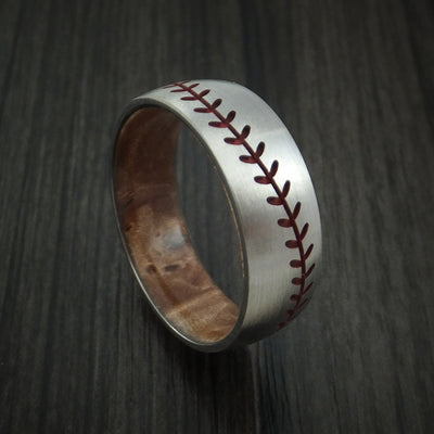 Titanium Baseball Ring with Red Stitching and Wood Sleeve Fan Band Any Size and Color
