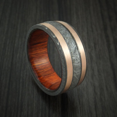 Damascus Steel and Gibeon Meteorite Ring with Copper Inlays and Wood Sleeve Custom Made Band