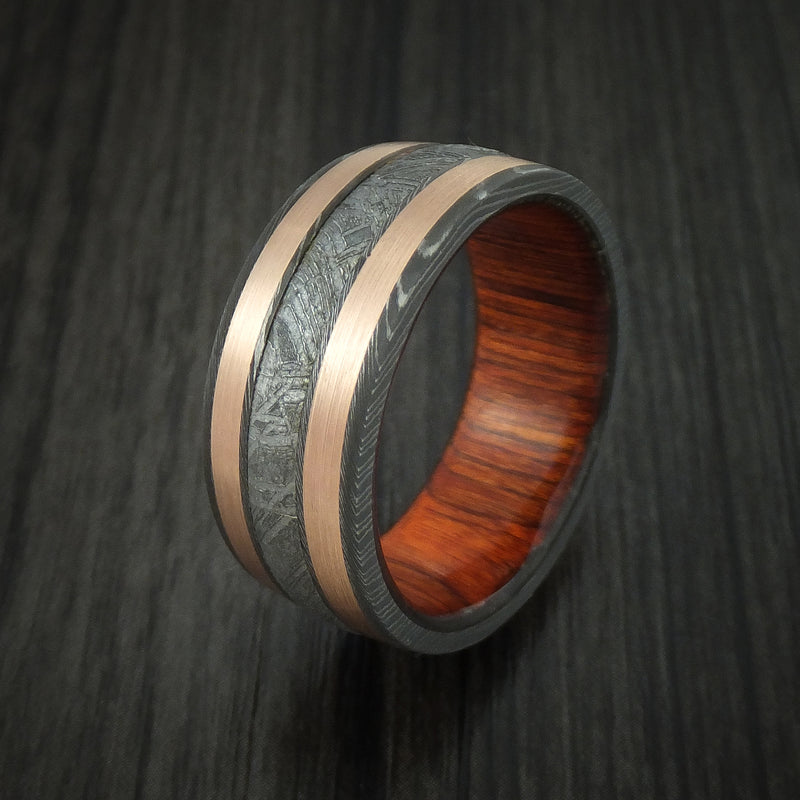 Damascus Steel and Gibeon Meteorite Ring with Copper Inlays and Wood Sleeve Custom Made Band