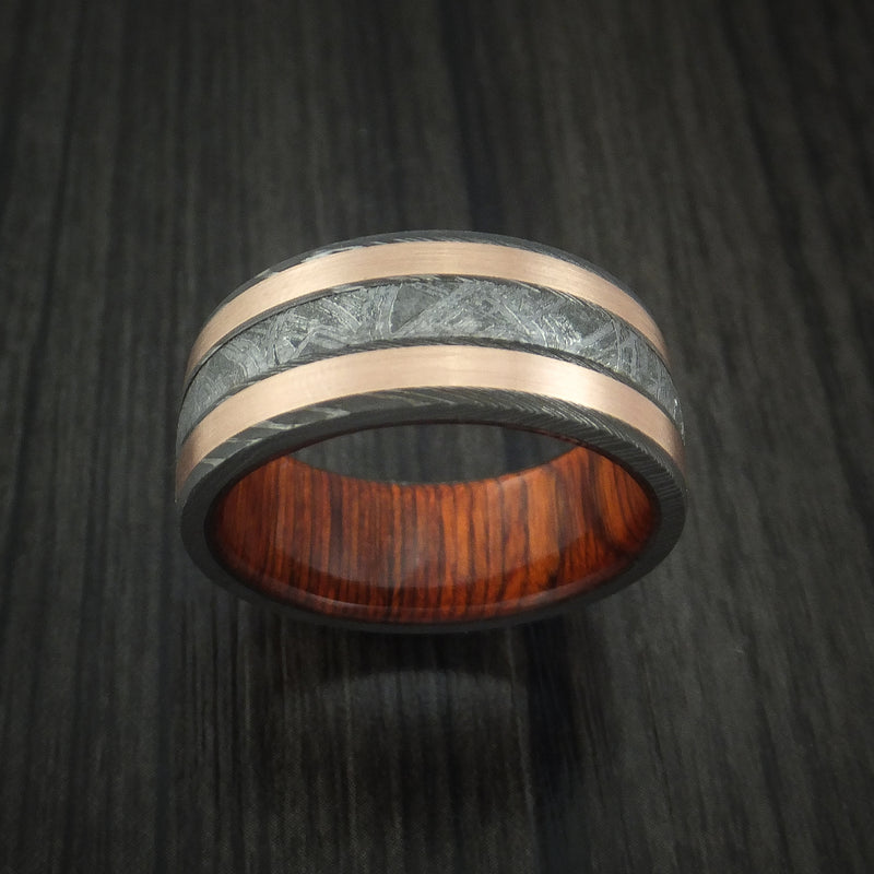 Damascus Steel and Gibeon Meteorite Ring with Copper Inlays and Wood Sleeve Custom Made Band